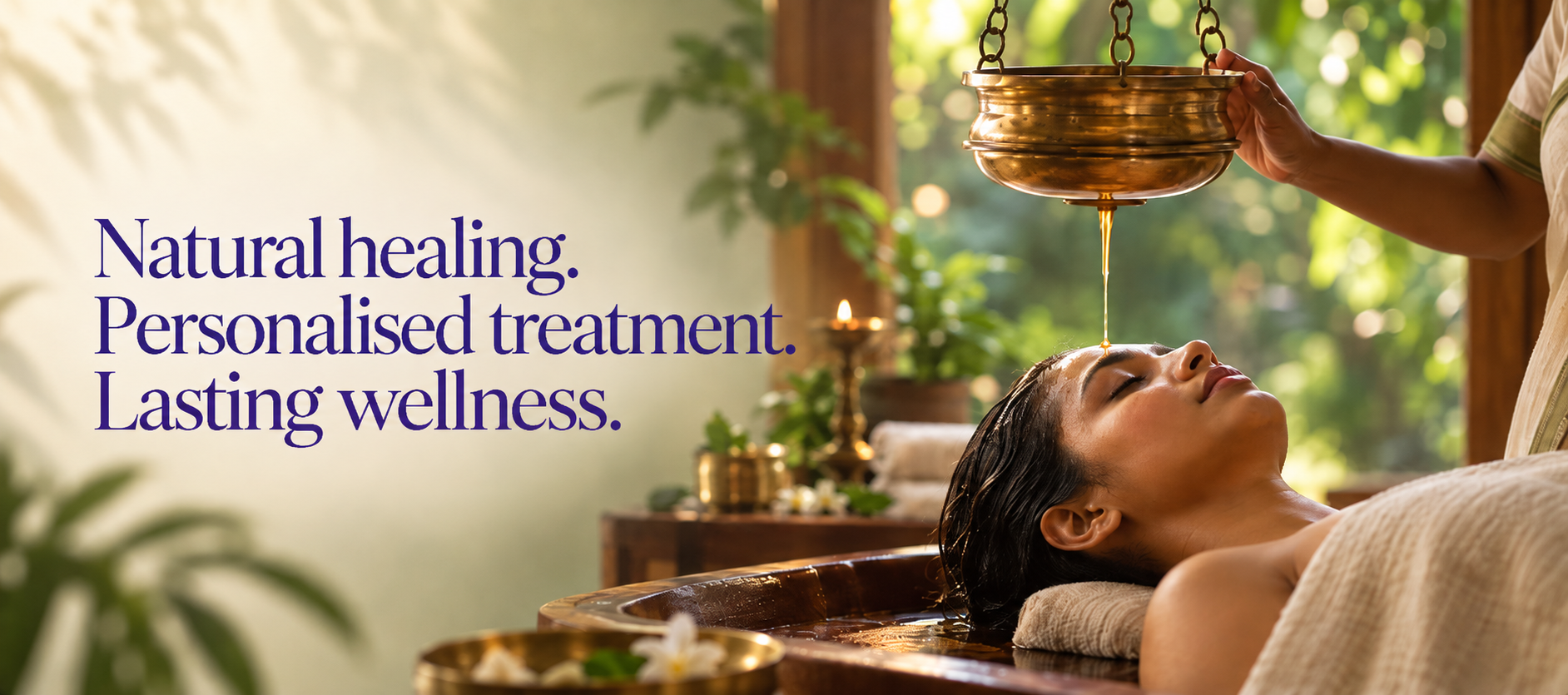 Ayurvedic Shirodhara therapy in a sunlit treatment room